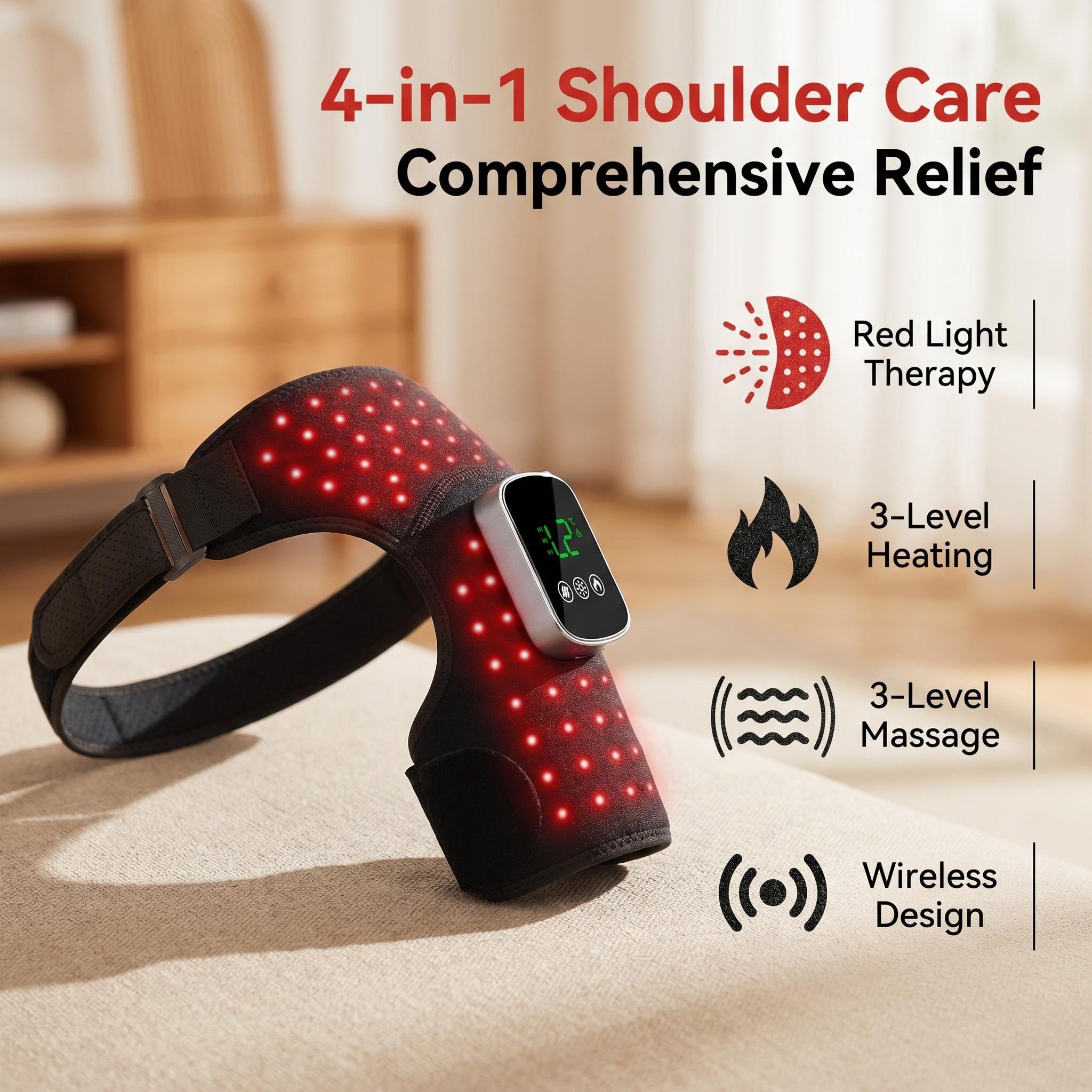 JVV Red Light Therapy Shoulder Pad – 660nm Red & 850nm Near-Infrared Heating Massager with 3 Vibration Modes, Cordless Rechargeable for Pain Relief & Muscle Recovery