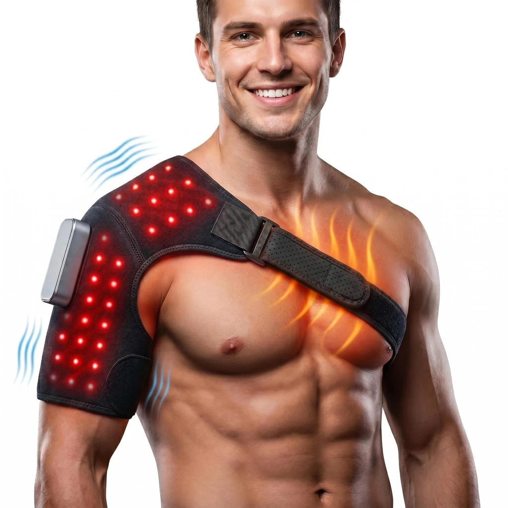JVV Red Light Therapy Shoulder Pad – 660nm Red & 850nm Near-Infrared Heating Massager with 3 Vibration Modes, Cordless Rechargeable for Pain Relief & Muscle Recovery