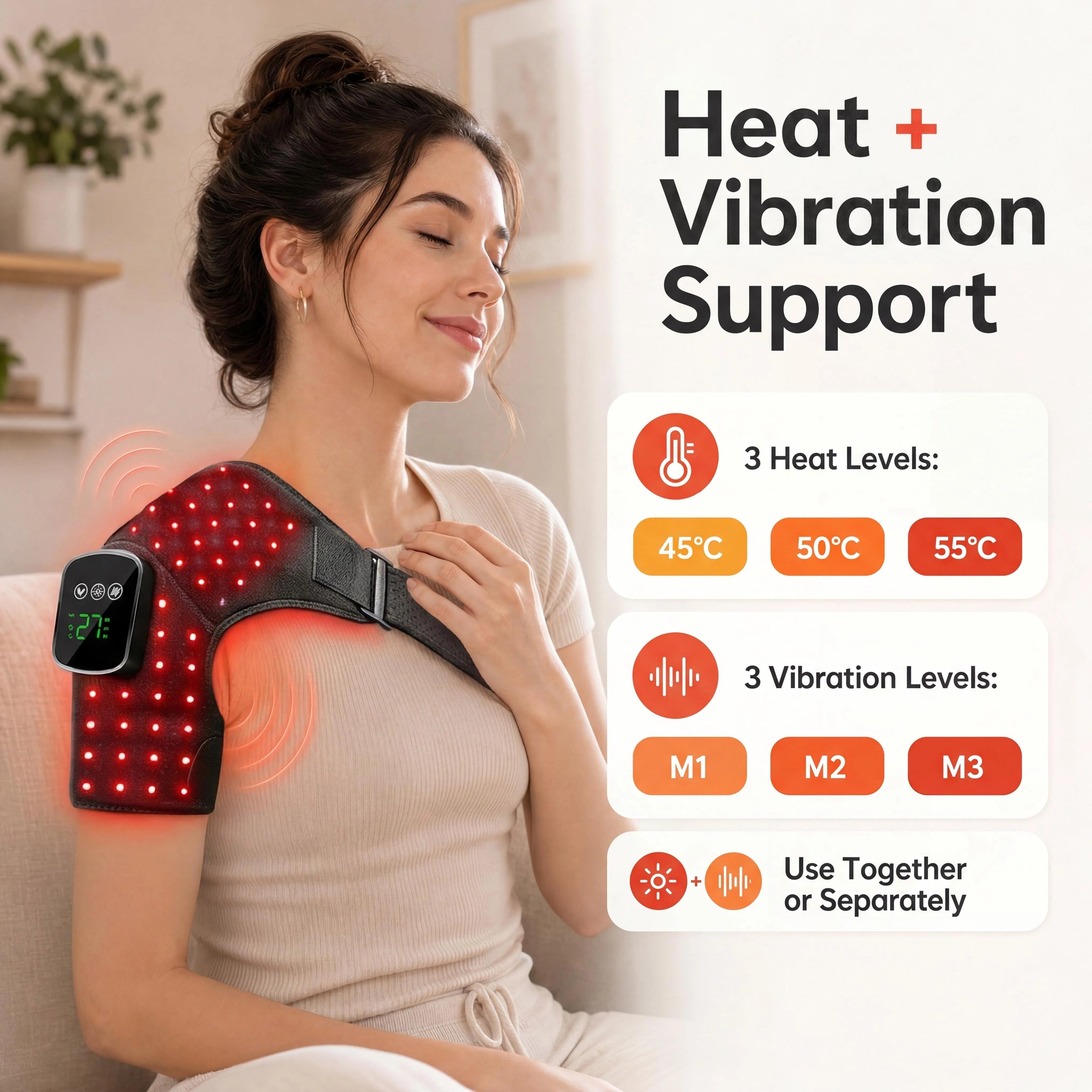 JVV Red Light Therapy Shoulder Pad – 660nm Red & 850nm Near-Infrared Heating Massager with 3 Vibration Modes, Cordless Rechargeable for Pain Relief & Muscle Recovery