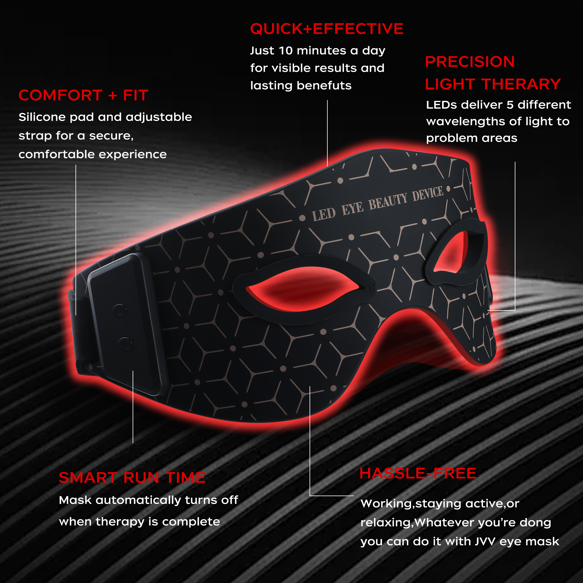 JVV Red Light Eye Mask – 630nm Red & 850nm Infrared LED Therapy, 5 Energy Levels, 20-Min Auto Timer, Silicone Under-Eye Wrinkle Treatment Device