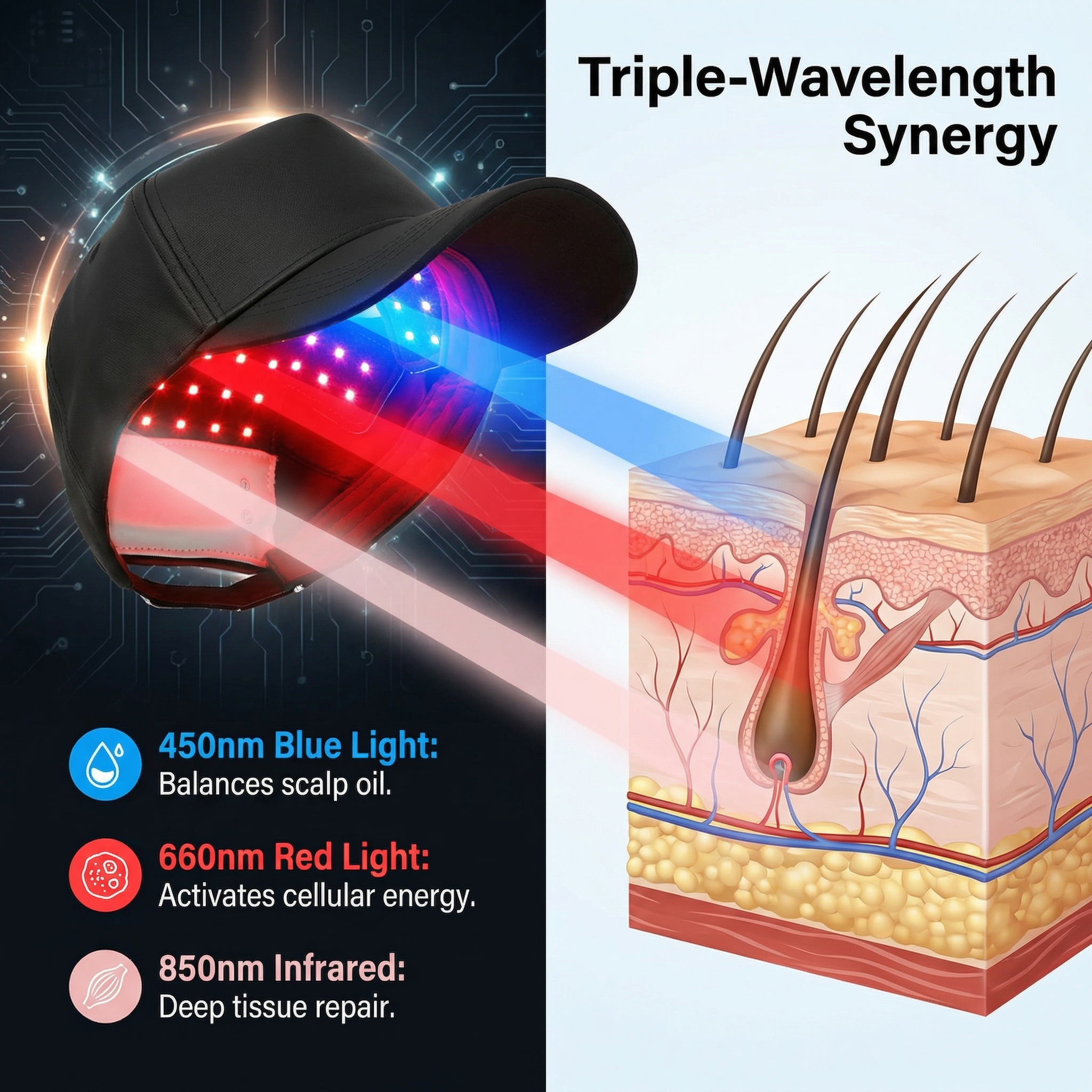 JVV Red Light Therapy Cap – 56 LED 3-Chip Hair Growth Hat with 450nm Blue, 660nm Red & 850nm Infrared, 4 Modes Cordless Rechargeable Scalp Treatment Device