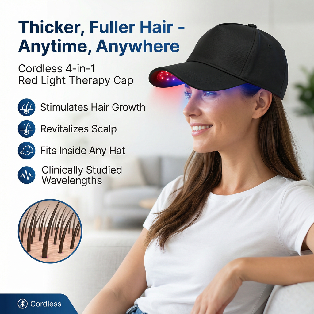 JVV Red Light Therapy Cap – 56 LED 3-Chip Hair Growth Hat with 450nm Blue, 660nm Red & 850nm Infrared, 4 Modes Cordless Rechargeable Scalp Treatment Device