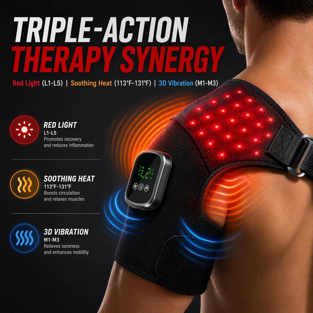 JVV Red Light Therapy Shoulder Pad – 660nm Red & 850nm Near-Infrared Heating Massager with 3 Vibration Modes, Cordless Rechargeable for Pain Relief & Muscle Recovery
